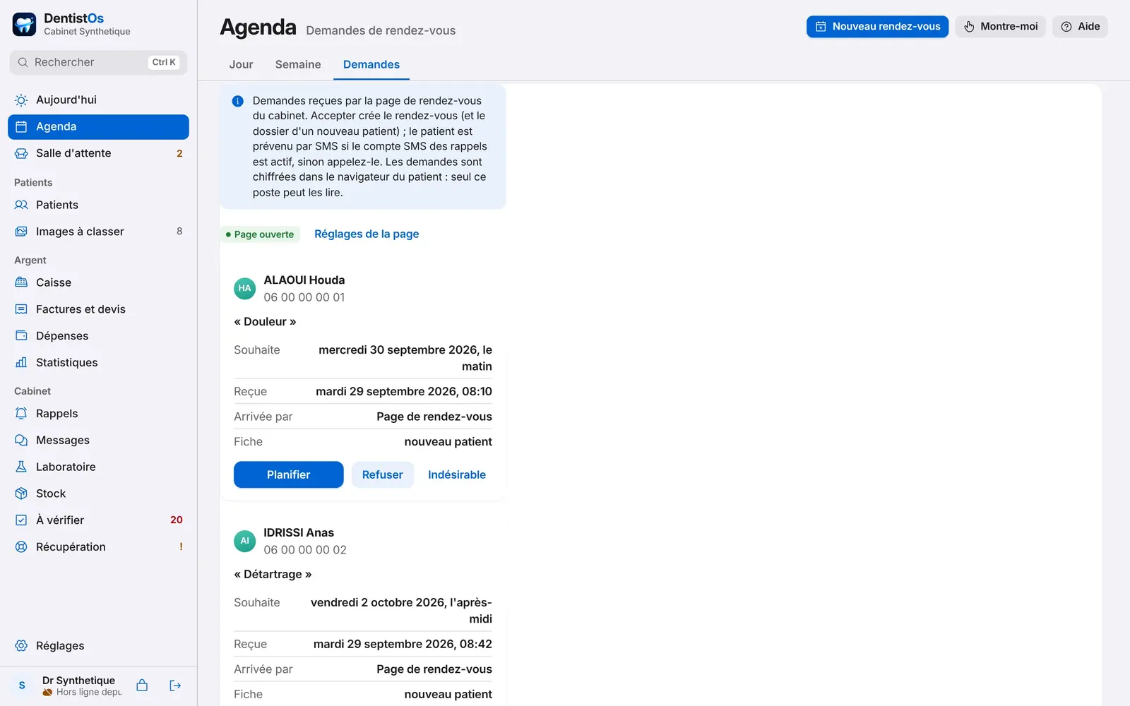 Les demandes de rendez-vous reçues du site